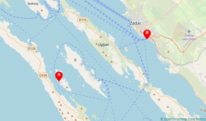 Map of ferry route between Rava and Zadar